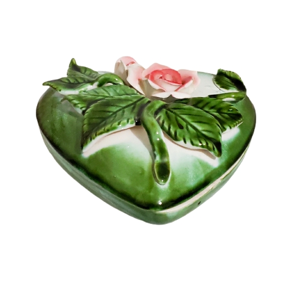 VTG Royal Sealy Japan Heart Trinket Dish Green Pink Roses CottageCore Decor - Picture 2 of 8
